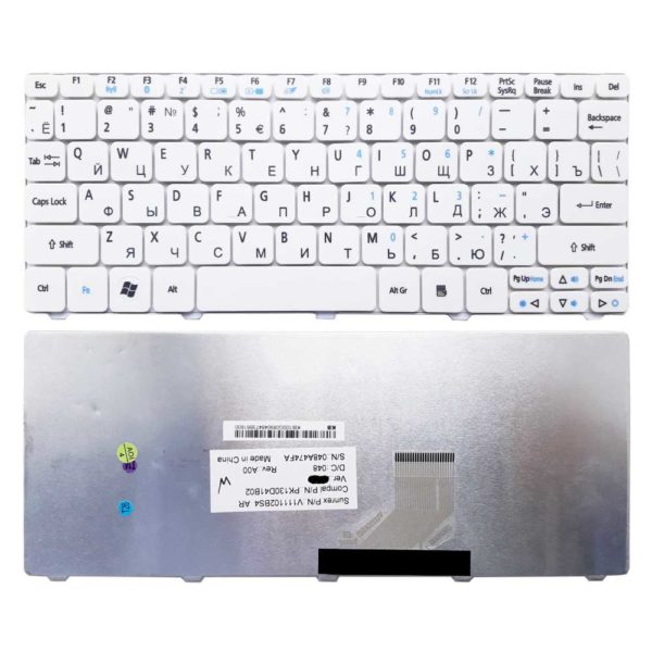 Клавиатура для ноутбука Acer Aspire One 521, 522, 532, 532H, 533, D255, D255E, D257, D260, D270, Happy, Happy2, eMachines 350, 355, em350, em355, Gateway LT21, LT27, LT28, Packard Bell NAV50, Dot S2, Dot SE, Dot SC, Dot SE3, PAV80 White Белая (V111102BS4, PK130D41B02)